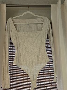 Free People Ribbed Square Neck Long Sleeve Bodysuit - Oatmeal